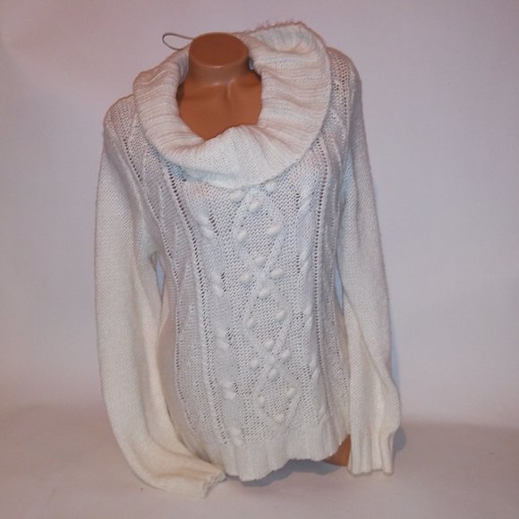 St Johns Bay Sweater Large Ivory Cream Chunky Knit Turtleneck Cowl Neck Pullover - Picture 1 of 9